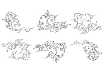 Set of Six Traditional Asian-Style Clouds with Intricate Swirls and Patterns, Detailed Black and White Line Art Illustrations for Oriental Designs, Cultural Graphics, and Decorative Backgrounds on Whi