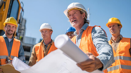 Construction Workers Reviewing Blueprint on Sunny Construction Site
