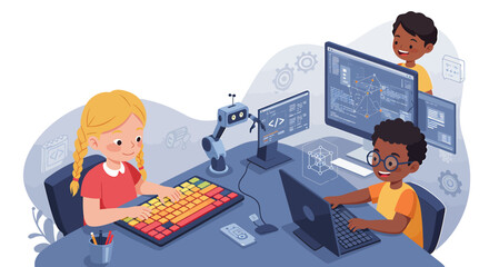 Happy diverse children and a robot learning coding and computer science at a desk with multiple monitors.