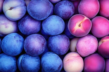 A vibrant close-up showcases a dense collection of plump, round fruits.  Deep blues and purples transition to softer pinks and peaches, creating a striking color gradient.