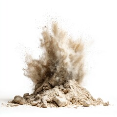 Exploding pile of light brown earth against white background