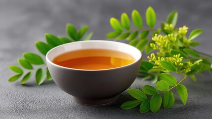 A serene cup of herbal tea surrounded by fresh green leaves.