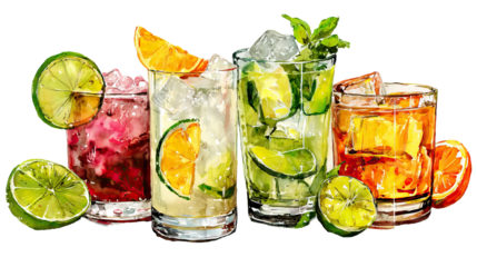 Vibrant Tropical Cocktails Including Cosmopolitan and Margarita on Transparent Background