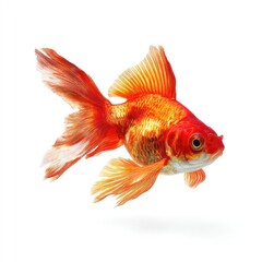 Fototapeta premium Vivid orange-red goldfish, fins outstretched, against a white background
