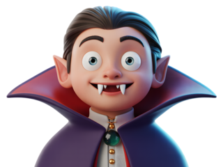 Cartoon vampire with fangs and cape isolated on a transparent background character