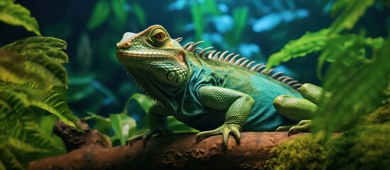 Fototapeta premium crisp high-resolution image, detailed green lizard, tropical rainforest setting, lush foliage, vibrant colors, natural lighting, photorealistic, 8k, award-winning wildlife photography 