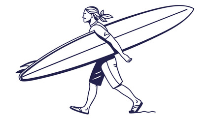 Line Art Surfer Girl Carrying Surfboard on Beach Summer Illustration