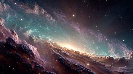 Fototapeta premium Galaxy-Inspired Colorful Nebula Background with Cosmic Dust and Stars, Ideal for Sci-Fi Projects, Tech Events, Digital Ads, and Futuristic Visual Designs