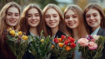 A group of happy young women in school uniforms holding flowers and smiling for a group . - Powered by Adobe
