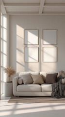 Fototapeta premium Empty picture frames hanging above a two-seater sofa in a contemporary living room. Interior design concept for modern home decor, mockup set