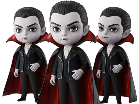 Three chibi vampires black suits red capes isolated on a transparent background character figure