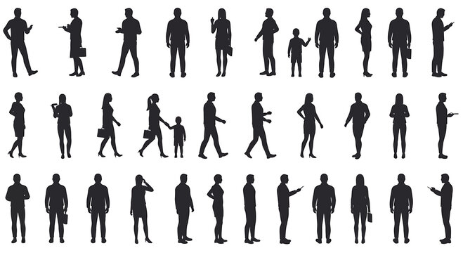 Large Set of Black Human Silhouettes Men Women and Child in Various Poses. - Powered by Adobe