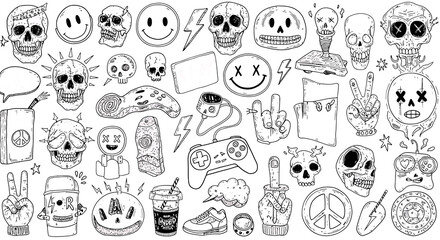 Monochrome Street Art Style Doodle Collection Featuring Skulls Smileys and Pop Culture Icons.