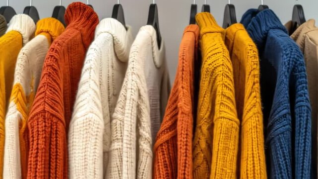 Assorted Knitted Sweaters Hanging Neatly in a Wardrobe in a Clothing Store with Soft Cozy and Warm Wool Material Displayed on Hanger Rack Indoors