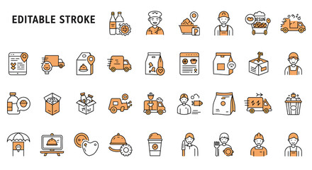 Obraz premium Set of food delivery and online ordering icons in a twocolor line art style with editable strokes.