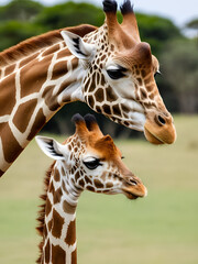 Obraz premium Close-up of adult and baby giraffe, heads and necks