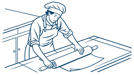Line Art Focused Female Baker Rolling Dough Food Preparation Illustration