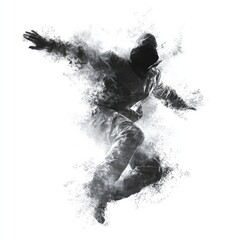 Silhouetted dancer mid-leap, dust effect