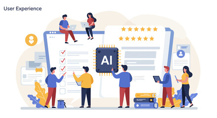 Team analyzing user experience with an AI chip on a large digital interface showing ratings and a checklist.