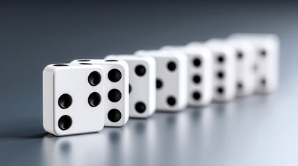 A row of white dominoes with black dots, perfectly aligned on a smooth surface.