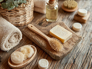 Natural Spa Essentials on Wooden Surface with Towels and Products