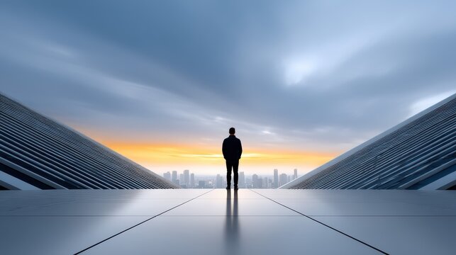 Silhouette of a man at sunset on a futuristic rooftop.