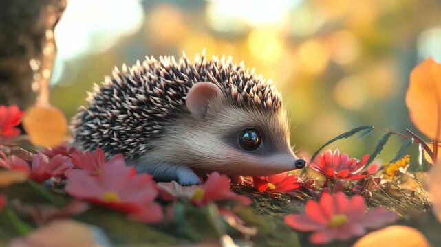 Cute hedgehog enjoying the flowers