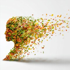 Abstract woman's profile, filled with autumn leaves blowing away