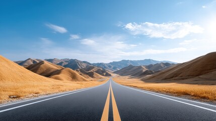 A serene open road stretches through golden hills under a clear blue sky.