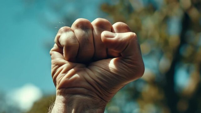 Two hands raising fists against a clear sky, symbolizing unity and defiance.