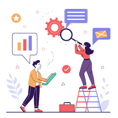 Business characters analyzing data and communication