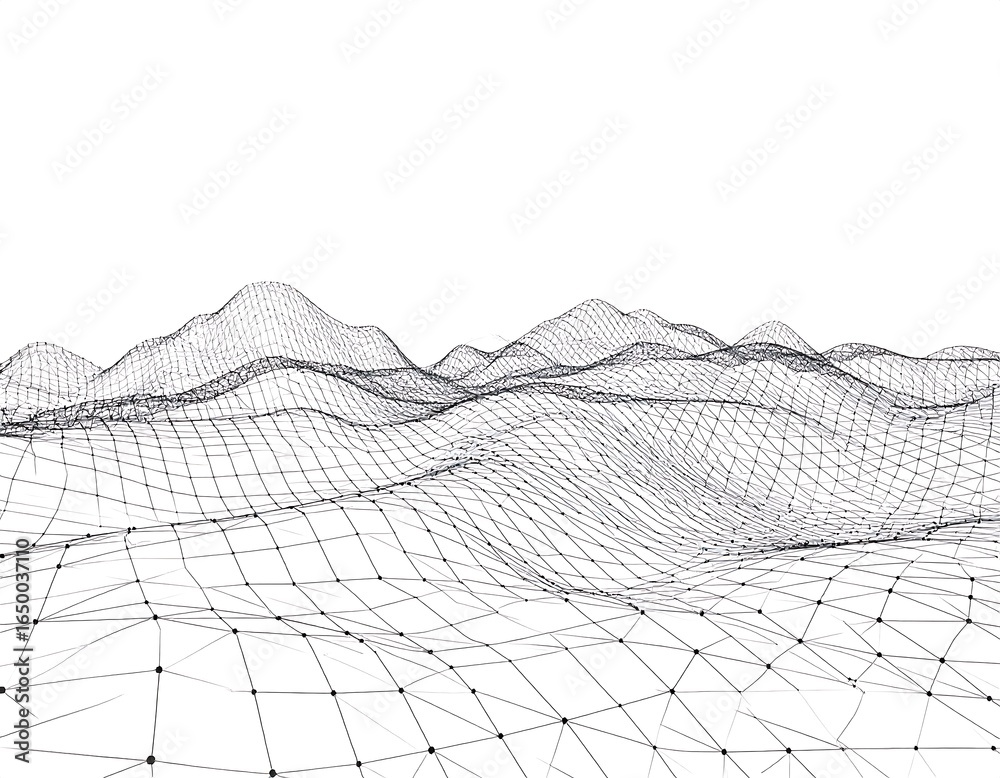 Wall mural abstract digital landscape with wireframe mesh, representing modern technology and data visualizatio