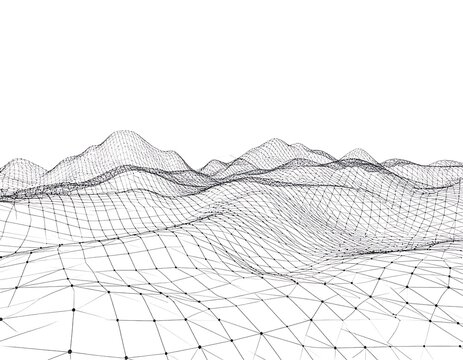 Abstract digital landscape with wireframe mesh, representing modern technology and data visualization