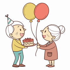 Elderly couple celebrating with cake and balloons birthday