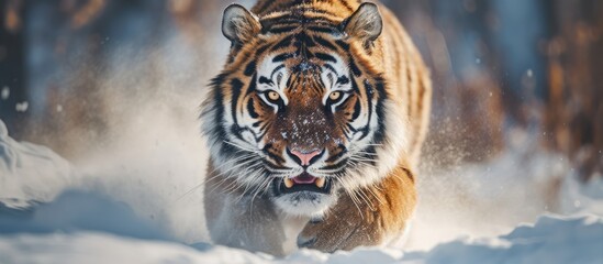 Fototapeta premium a large, powerful tiger walking through a snowy forest, close-up portrait, stunning wildlife photography, detailed fur and facial features, dramatic lighting, vibrant colors, hyper-realistic 