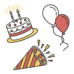 Festive Birthday Celebration Icons cake balloons