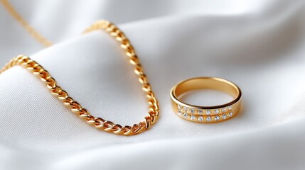 Elegant close-up of a gold chain and a diamond-studded ring on soft fabric.
