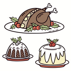 Festive roast turkey and puddings with holly christmas pudding