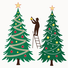 Green Christmas trees decorated with ornaments and stars