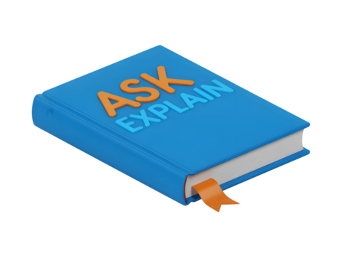 Blue book with orange ask and explain text isolated on a transparent background image