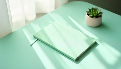 Mint notebook and succulent on a mint table with sunlight streaming through the window creating shadows