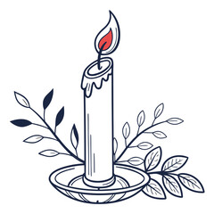 Tall candle with red flame and leafy branches burning