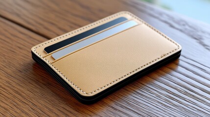 Elegant brown leather wallet showcasing a sleek design with two credit cards.