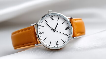 Elegant analog watch with a white dial and orange leather strap on soft fabric.