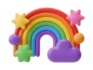 Colorful rainbow with stars and clouds isolated on a transparent background bright