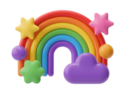 Colorful rainbow with stars and clouds isolated on a transparent background bright