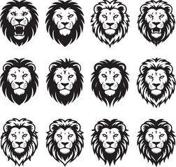 Fototapeta premium Twelve Black And White Lion Head Illustrations In Rows And Columns lions face