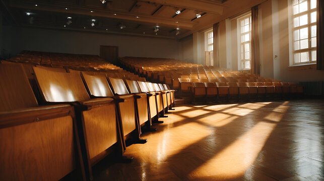 Empty Wooden Lecture Hall with Sunlight Streaming Through Windows