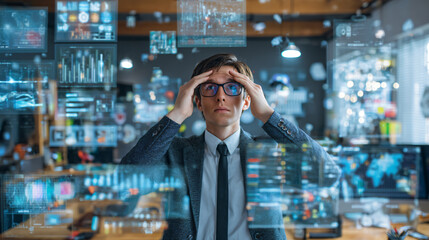 Business Technology Data Analysis Stress Workspace Multitasking Information Charts Male Suit Office Graphics Monitor Innovation Digital Conference