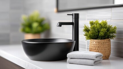 Elegant modern bathroom sink with black bowl and stylish towel display.